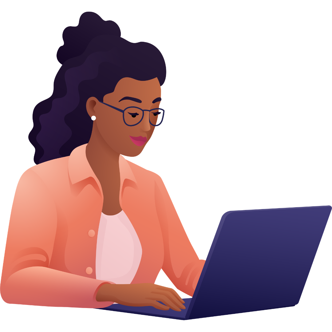 Frau mit Brille arbeitet am Laptop